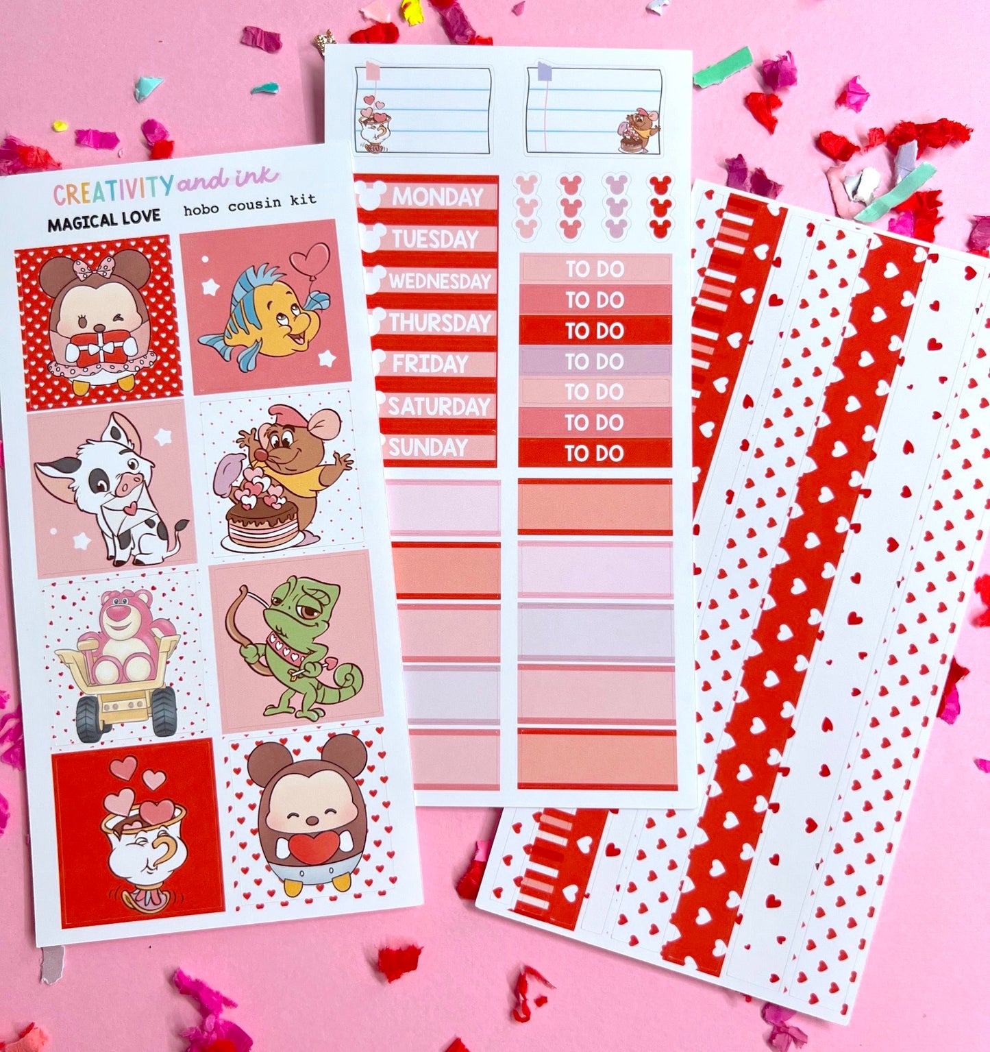 Sticker kit with cartoon characters and daily planner stickers on a pink background