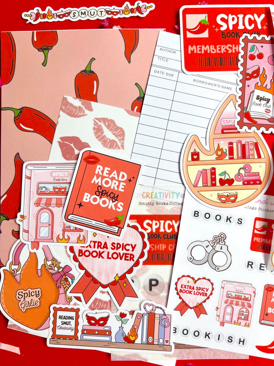 Collection of 'Spicy Books' themed stickers and book club cards on a red background.