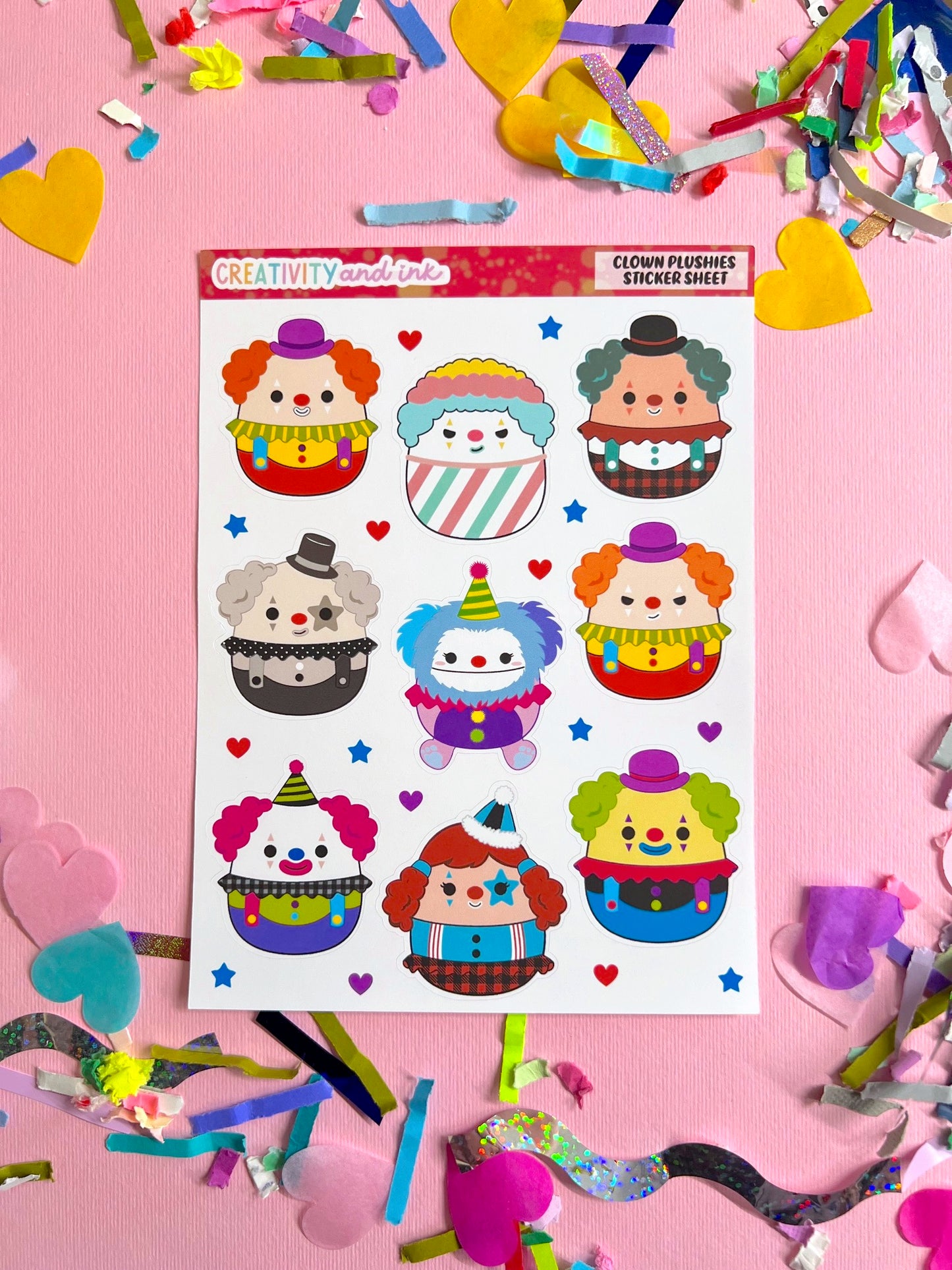 Sheet of clown-themed stickers on a pink background with confetti