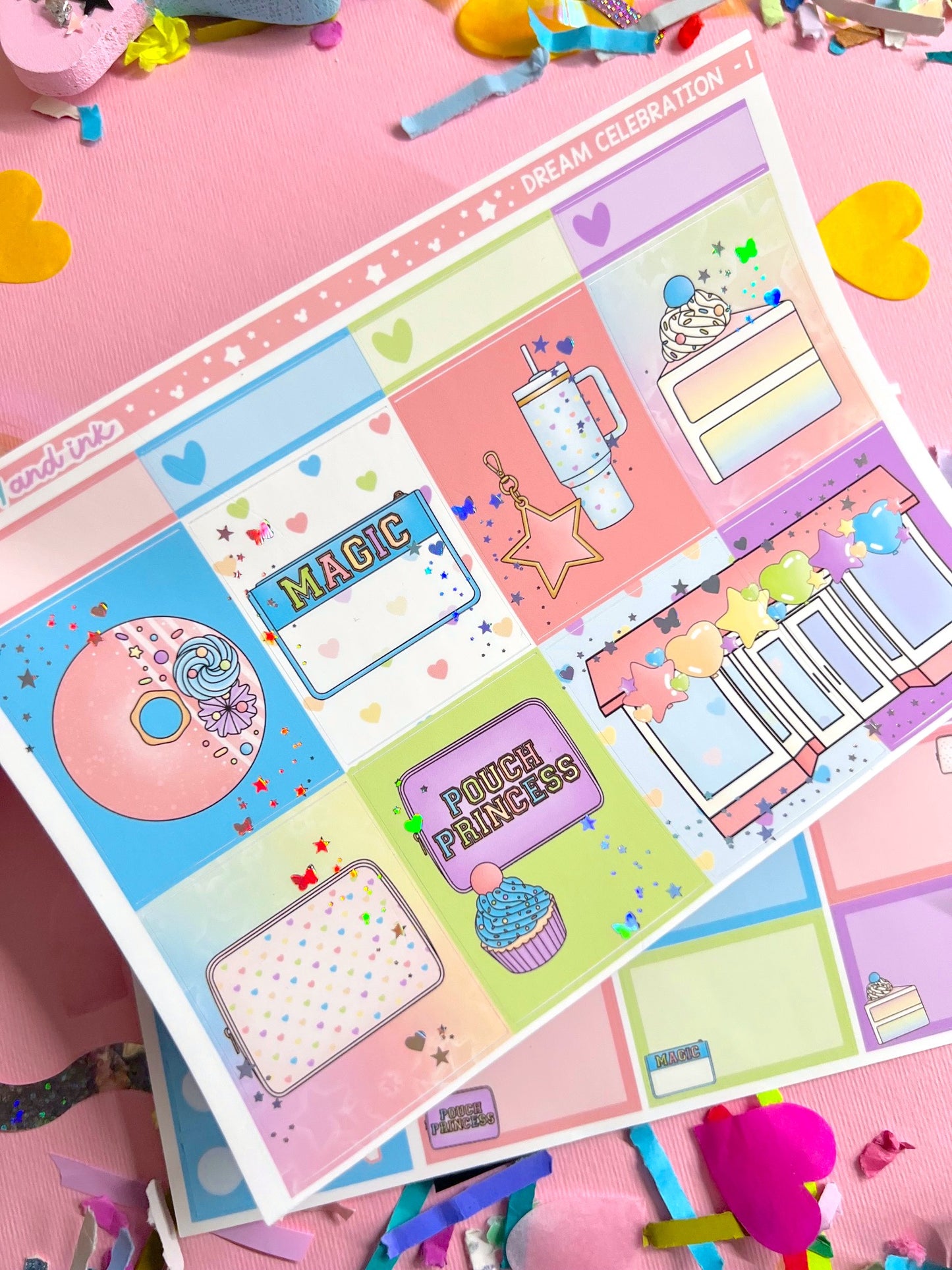 Colorful planner stickers with various designs on a pink background