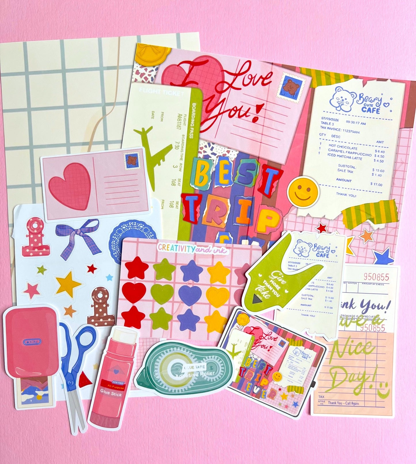 a colorful and bright junk journal sticker kit on a pink background
