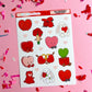 Sheet of cute illustrations with animals and hearts on a pink background with confetti.