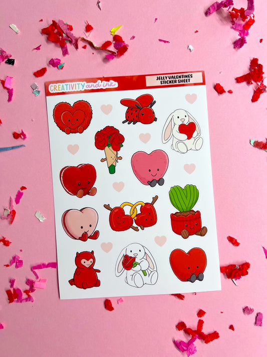 Sheet of cute illustrations with animals and hearts on a pink background with confetti.