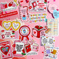 Collection of book-themed stickers on a pink background