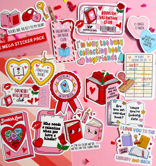Collection of book-themed stickers on a pink background