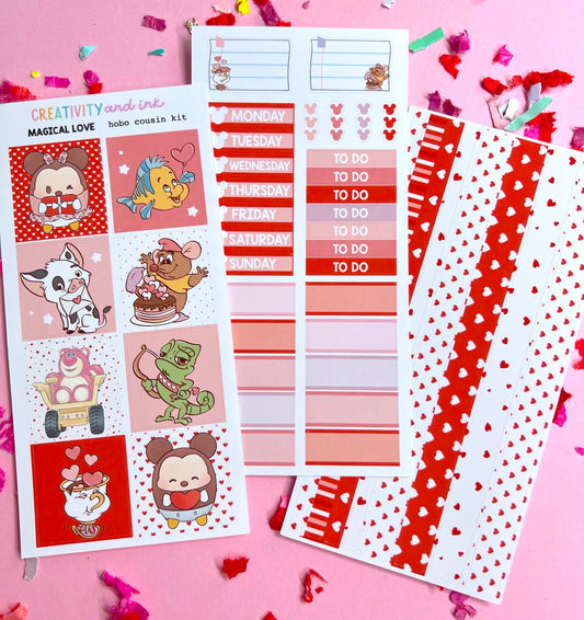 Sticker kit with cartoon characters and daily planner stickers on a pink background