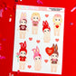 Sheet of cartoon character stickers on a red background with confetti