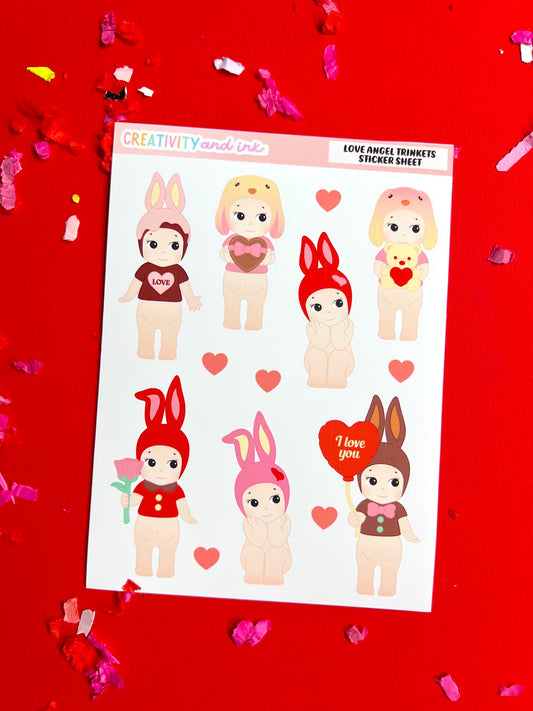 Sheet of cartoon character stickers on a red background with confetti