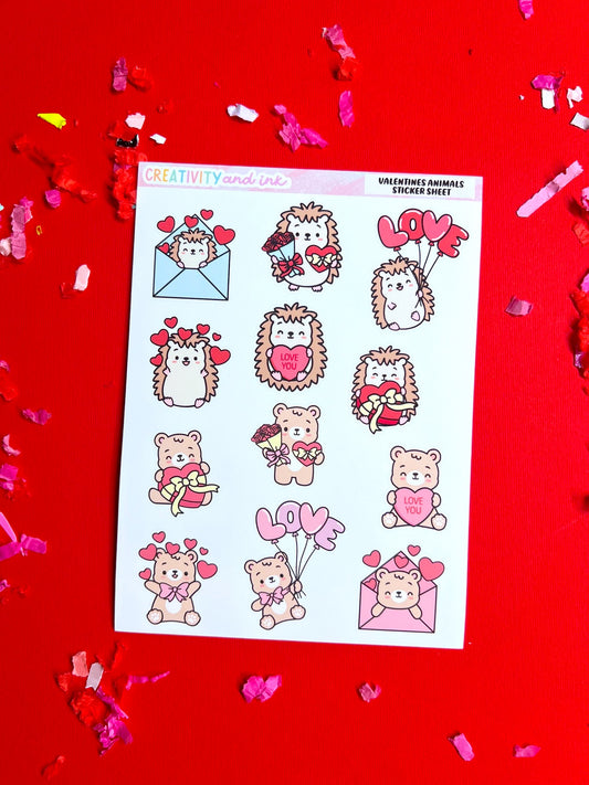 Sheet of Valentine-themed stickers with cartoon animals on a red background with confetti.