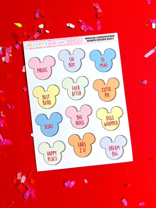 Sheet of decorative stickers with cartoon faces and phrases on a red background