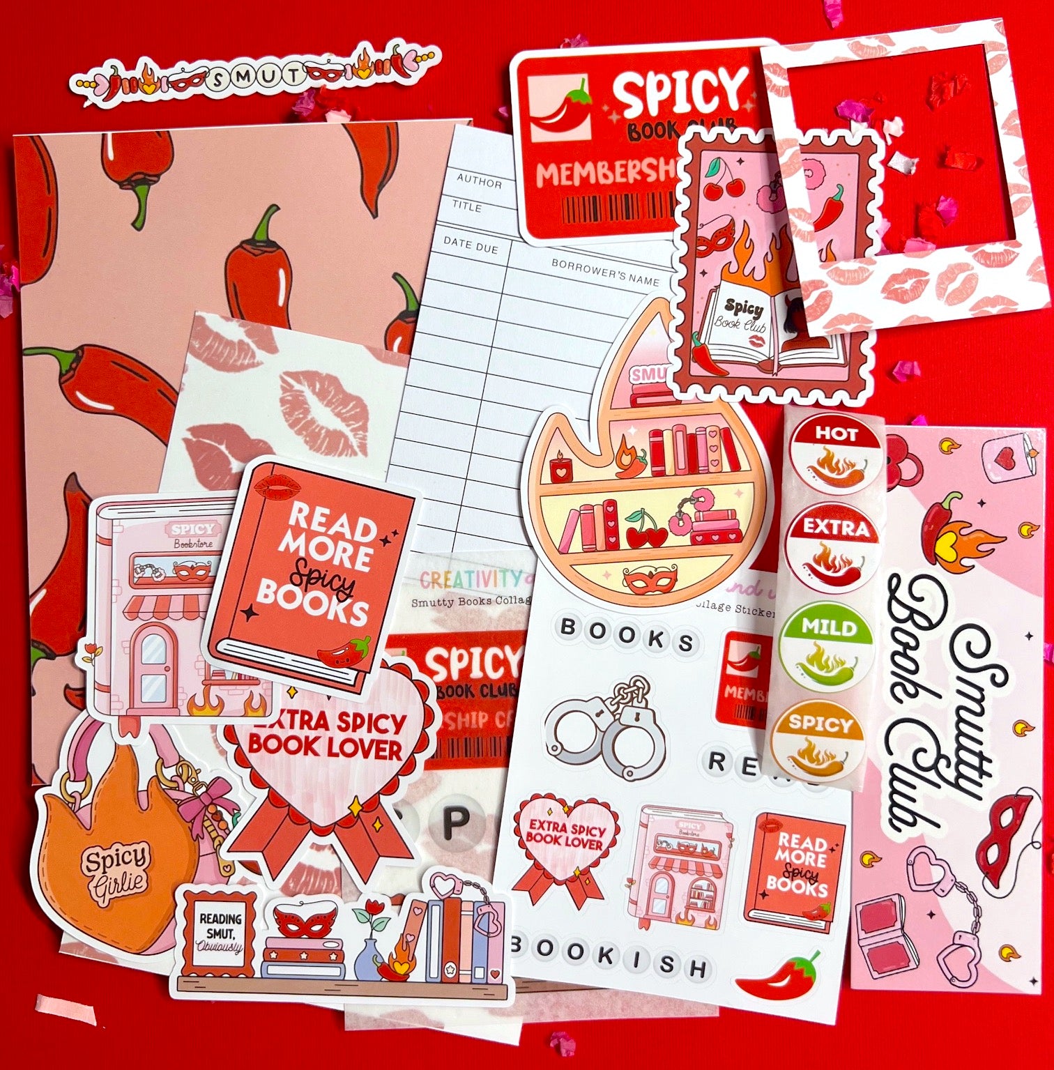 Collection of 'Spicy Book Club' themed stickers and paper items on a red background.
