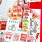 Collection of book-themed stickers on a red background