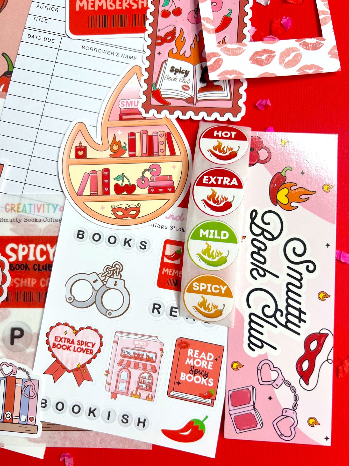 Collection of book-themed stickers on a red background