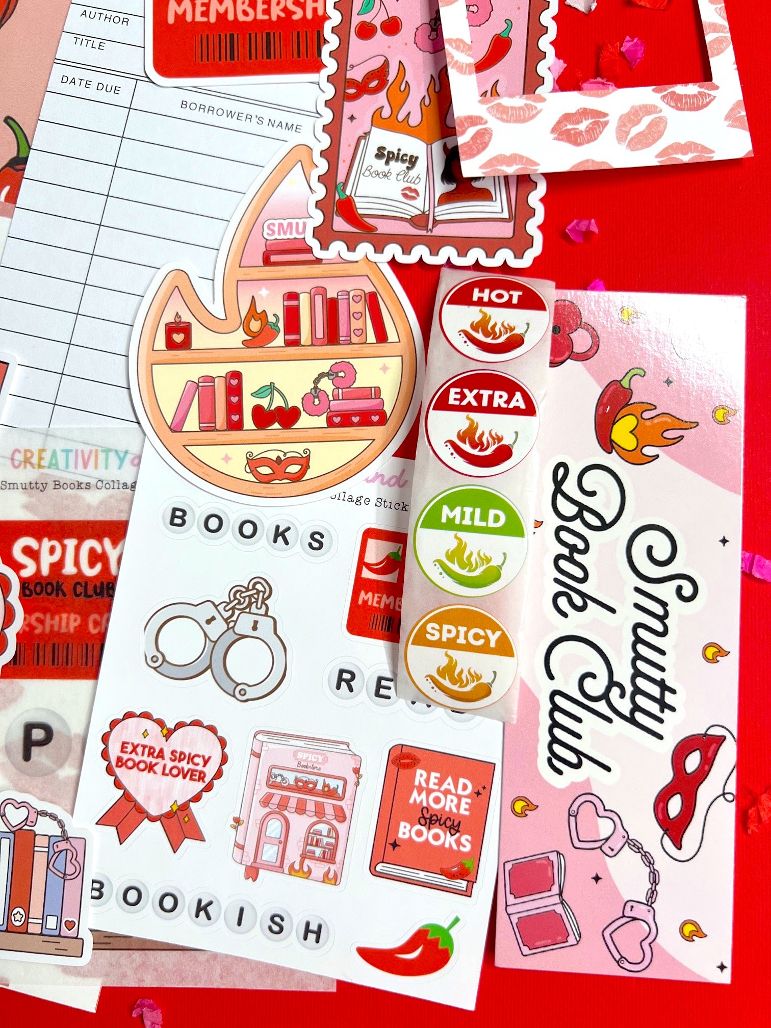 Collection of book-themed stickers on a red background