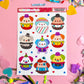Sheet of clown-themed stickers on a pink background with confetti