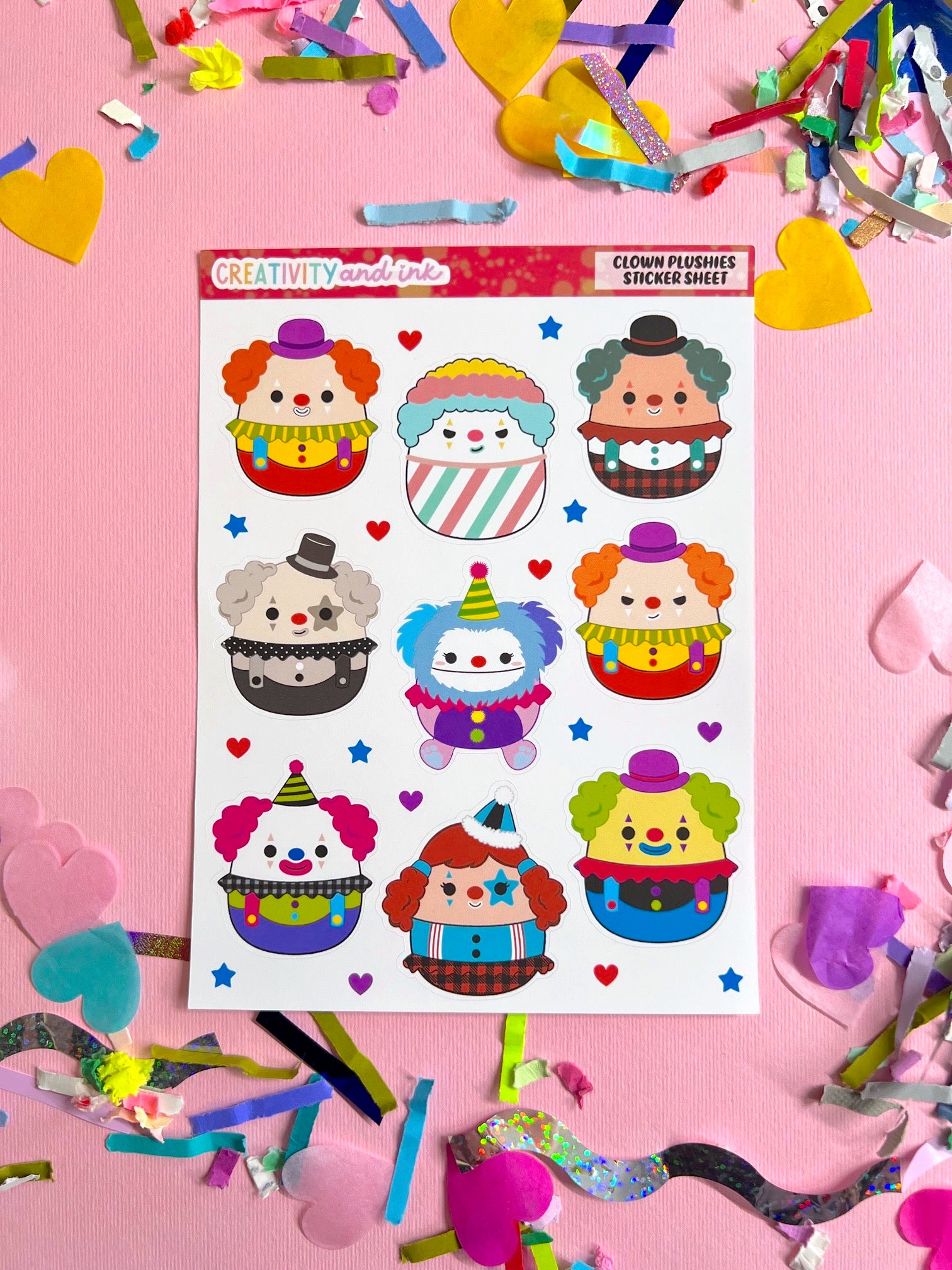 Sheet of clown-themed stickers on a pink background with confetti