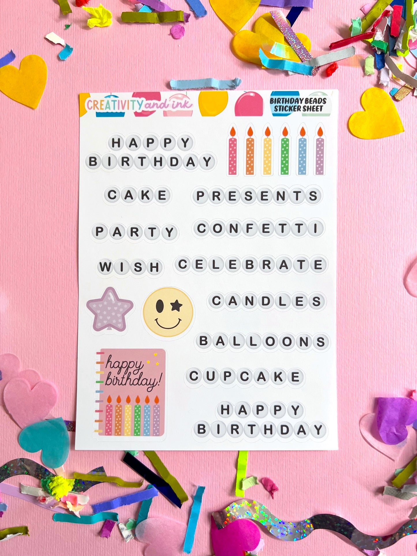 Sheet of birthday-themed stickers on a pink background with confetti