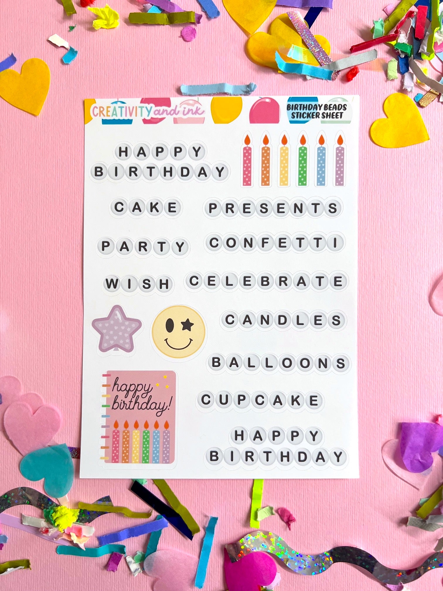 Sheet of birthday-themed stickers on a pink background with confetti