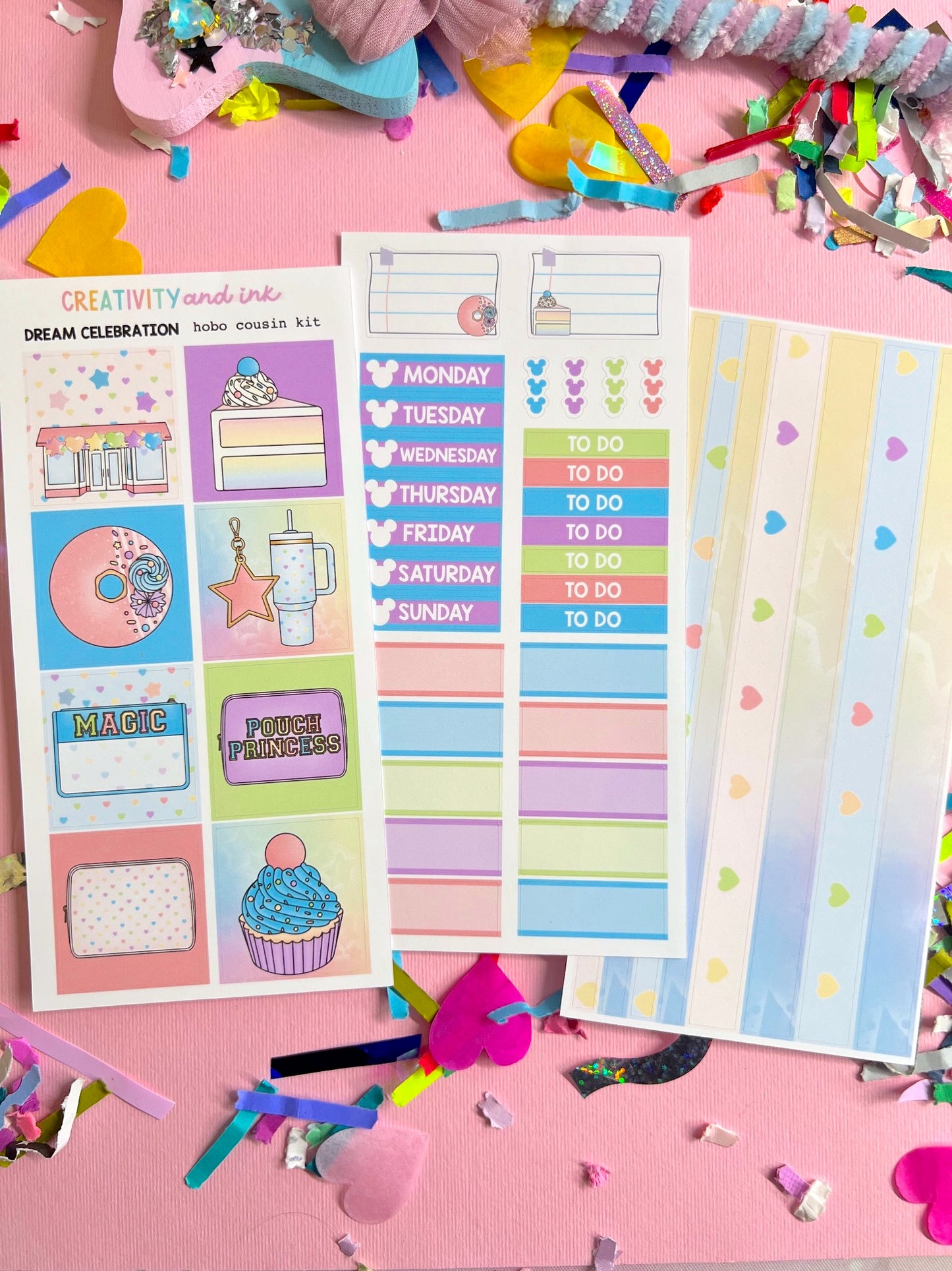 Colorful planner stickers on a pink background with decorative items.
