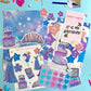 Collection of birthday-themed stickers on a blue background