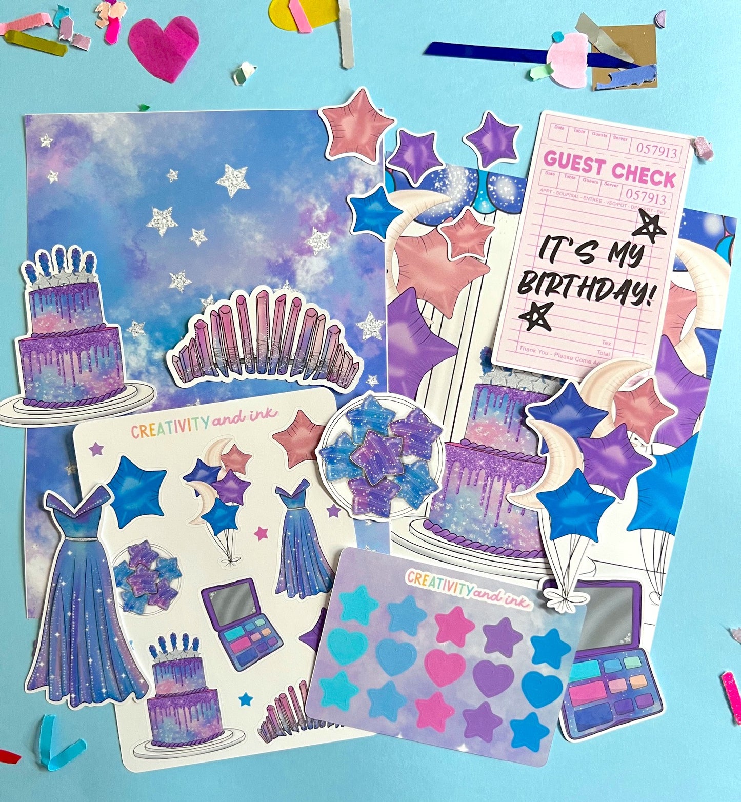 Collection of birthday-themed stickers on a blue background