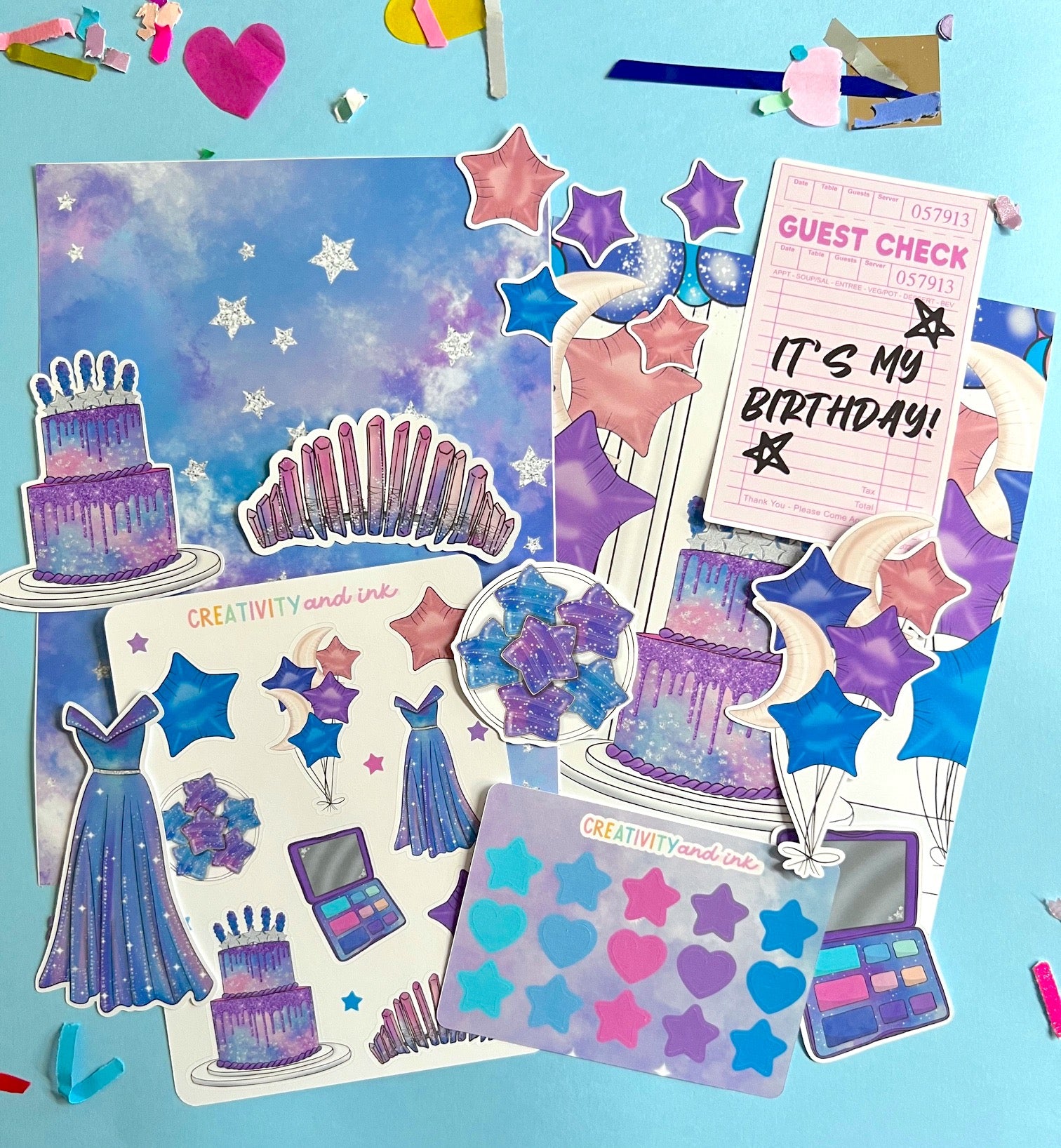 Collection of birthday-themed stickers on a blue background