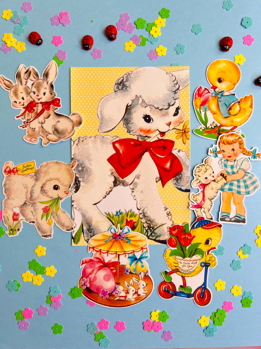 Collage of vintage-style illustrations featuring animals and children on a blue background with colorful flowers.