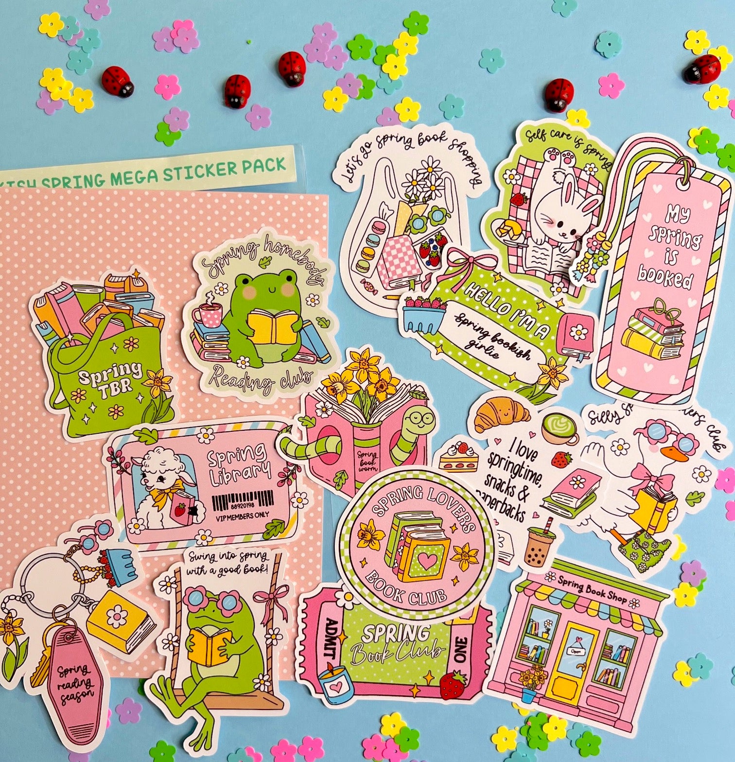 Spring-themed sticker pack with various designs on a colorful background