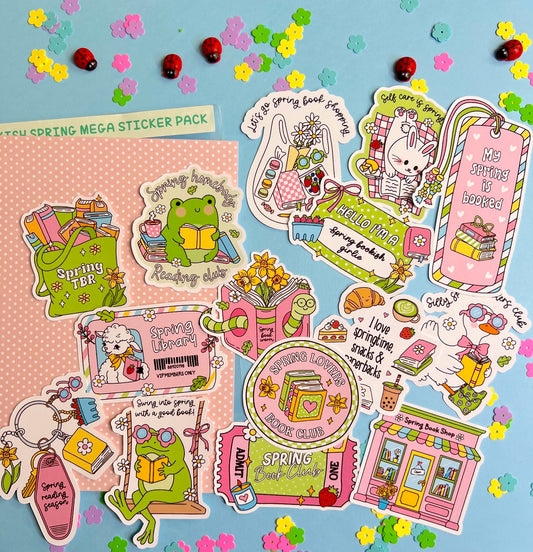 Spring-themed sticker pack with various designs on a colorful background