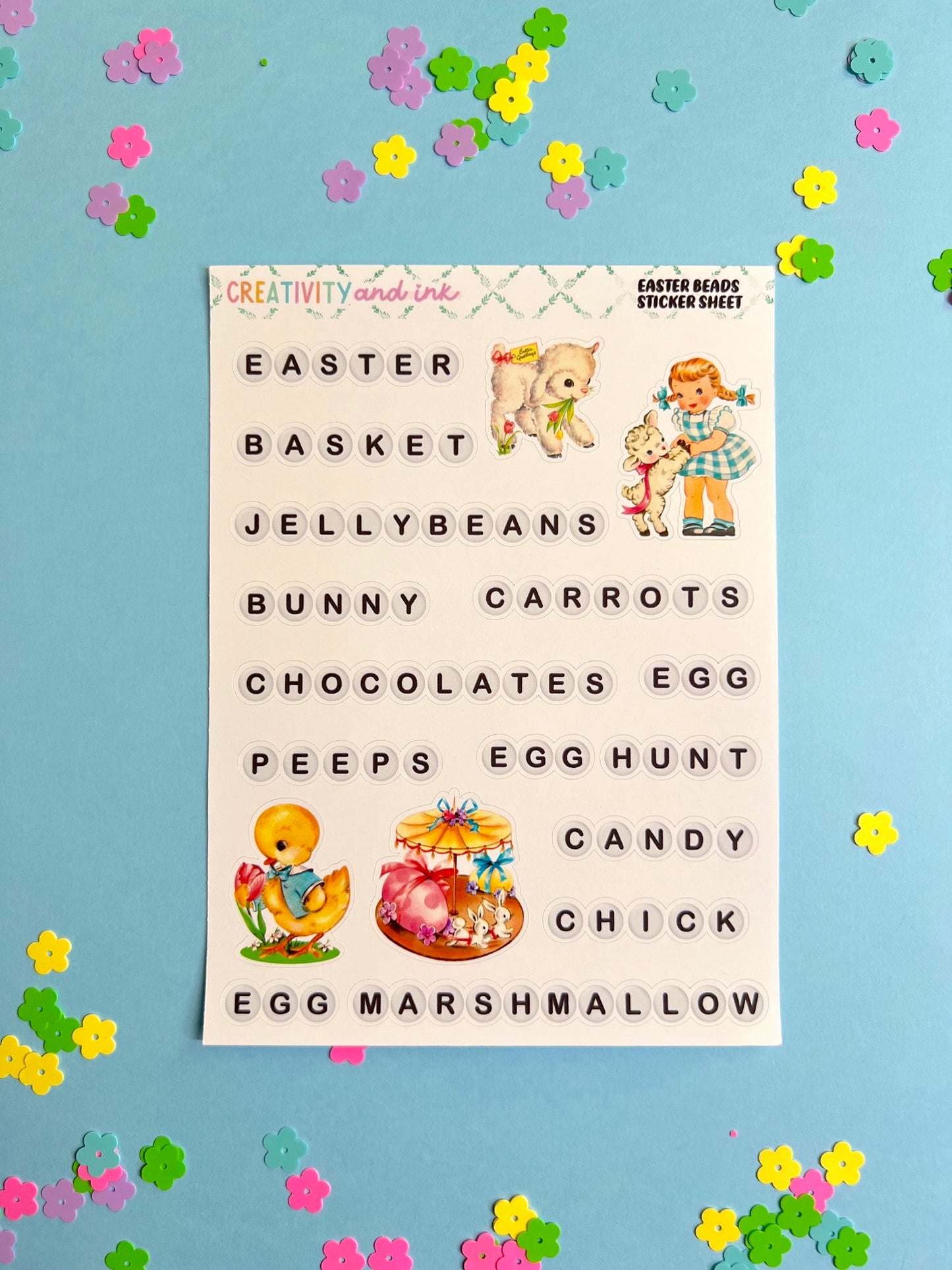 Sheet of Easter-themed stickers with text and illustrations on a blue background with confetti.