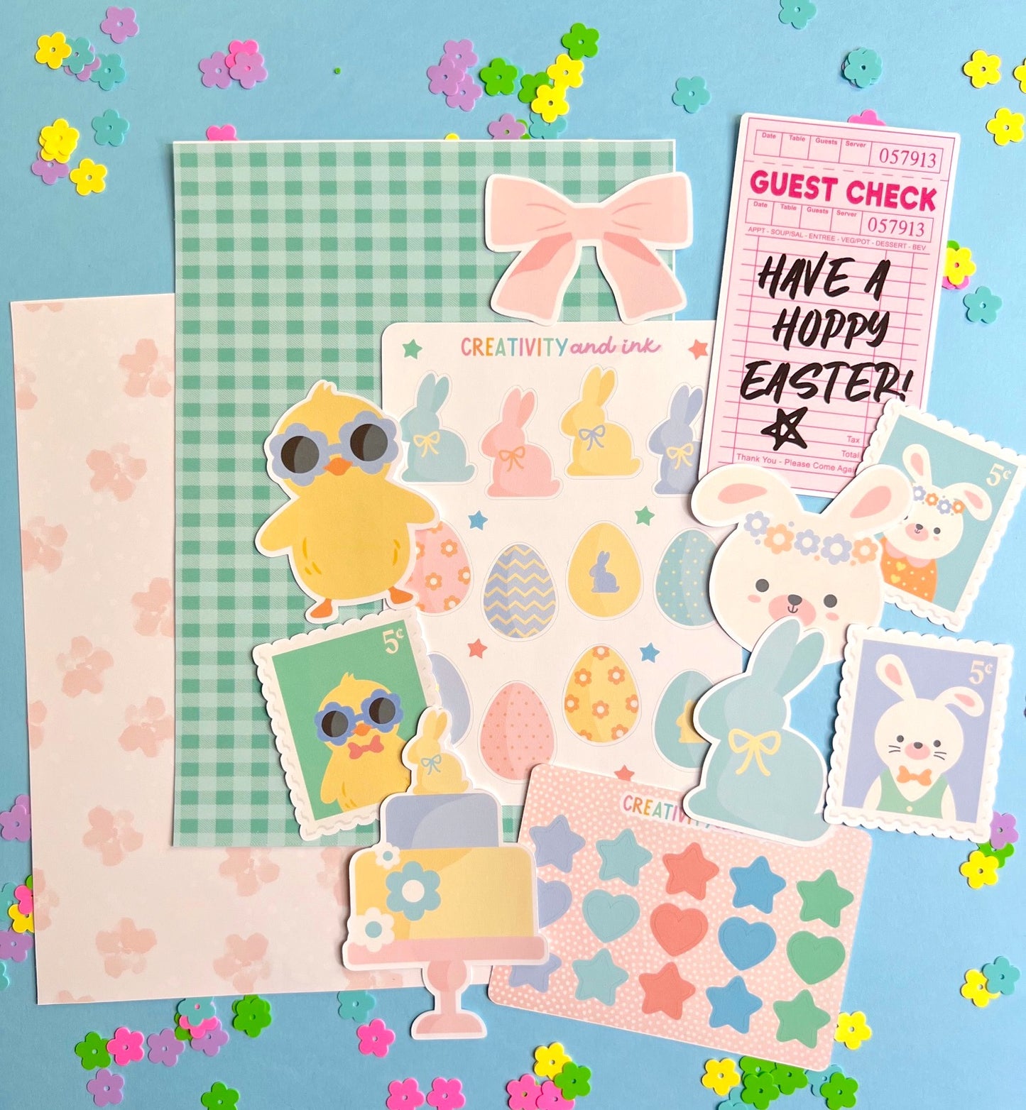 Collection of Easter-themed stationery items on a colorful background