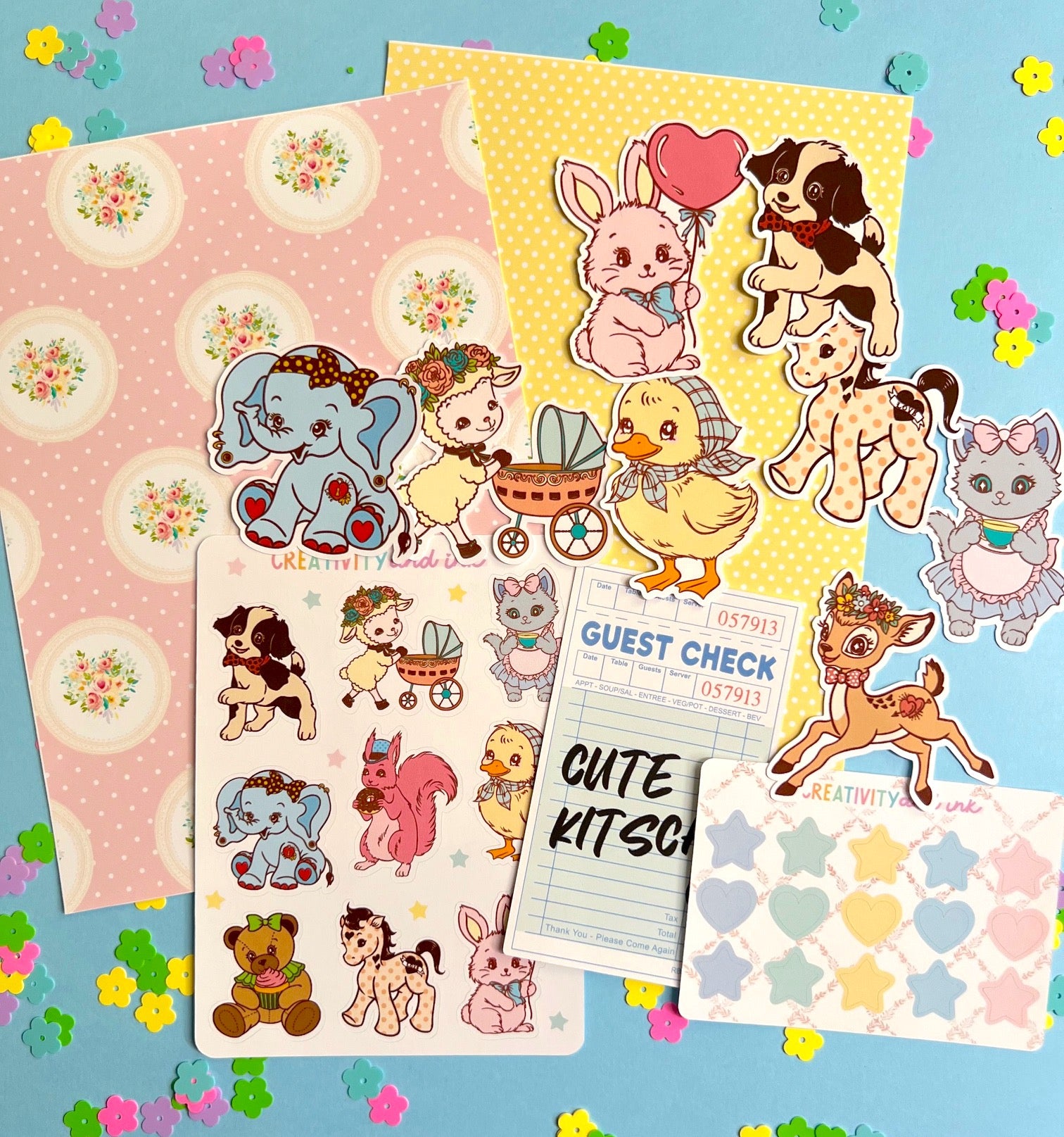Set of colorful stickers featuring animals and children on a blue background with decorative elements.