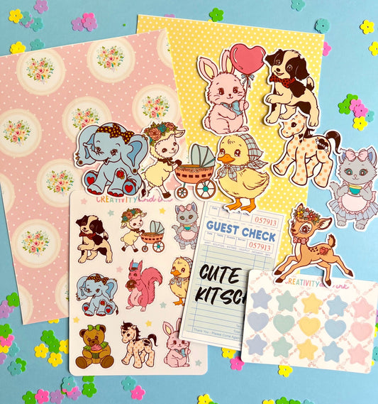 Set of colorful stickers featuring animals and children on a blue background with decorative elements.