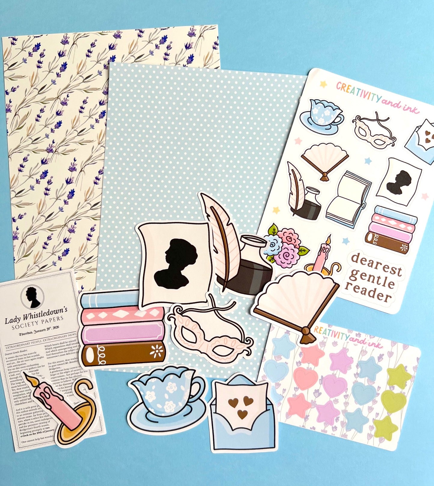 Collection of vintage-themed stickers on a blue background