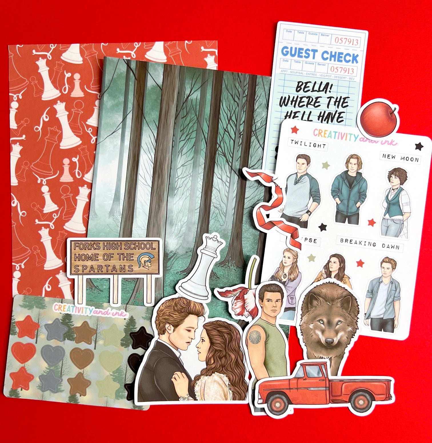 Collection of 'bookish movie' themed stickers on a red background