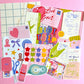 a colorful and bright junk journal sticker kit on a pink background 