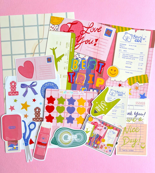 a colorful and bright junk journal sticker kit on a pink background 