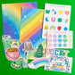 Colorful sticker sheets with rainbow designs and various shapes on a green background