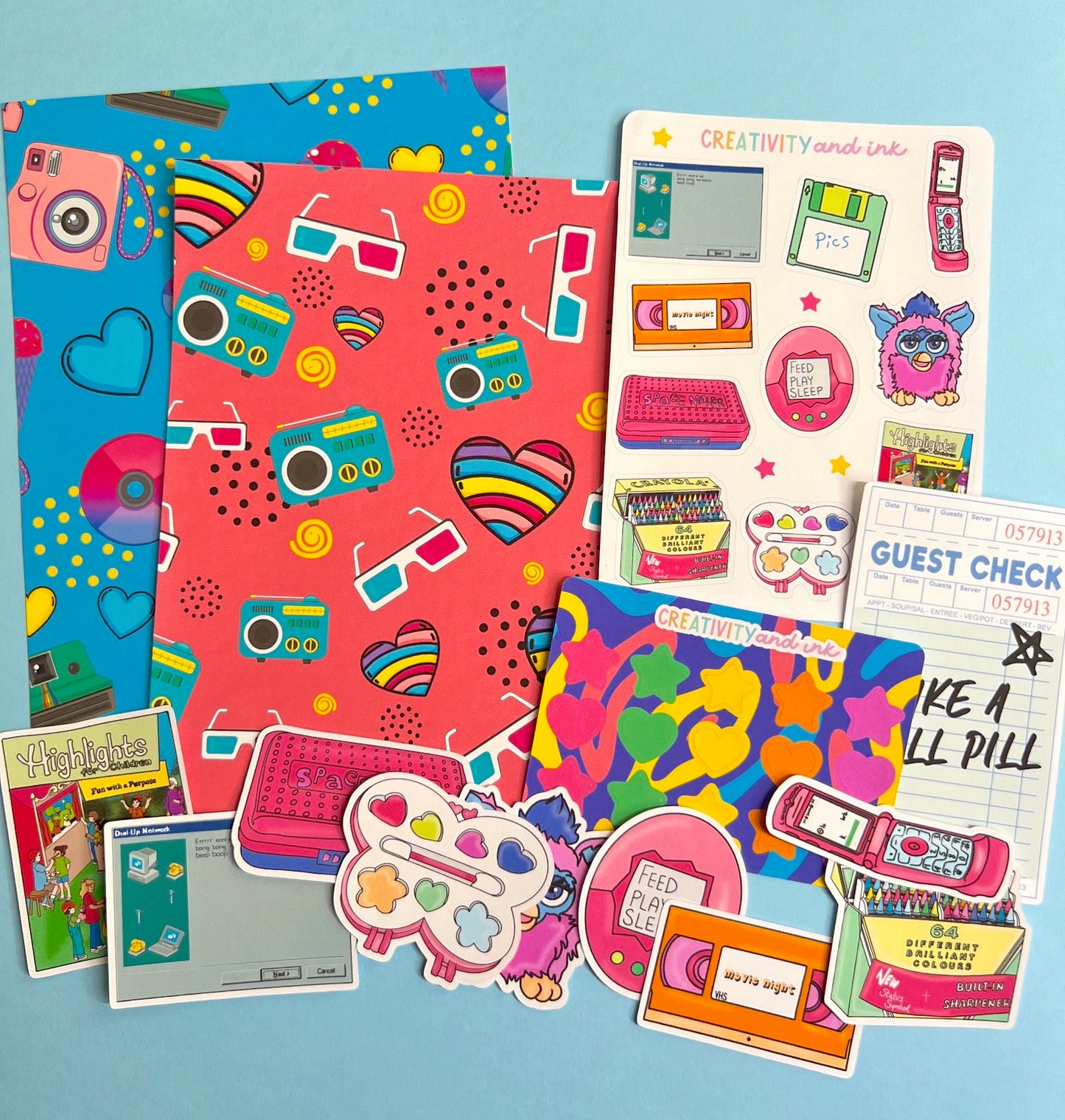 stickers of retro inspired items on a blue background