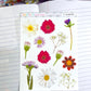 Sheet of floral stickers on a notebook page with 'Creativity' and 'Flowers' text.