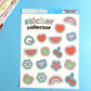 sticker sheet filled with different shapes stickers on a blue background