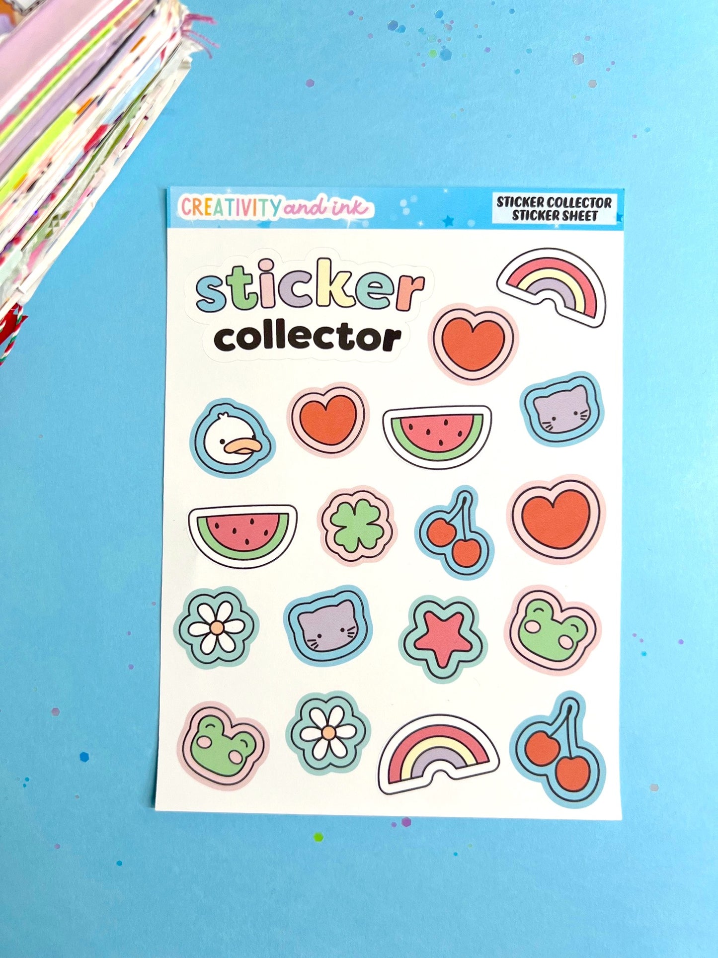 sticker sheet filled with different shapes stickers on a blue background