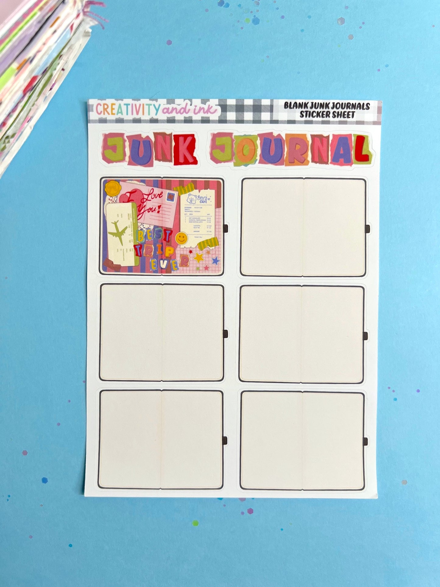 Sticker sheet for a junk journal on a blue background