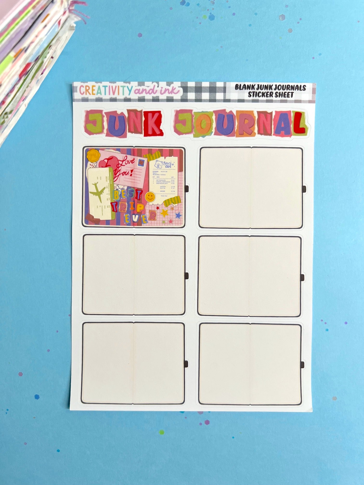 Sticker sheet for a junk journal on a blue background