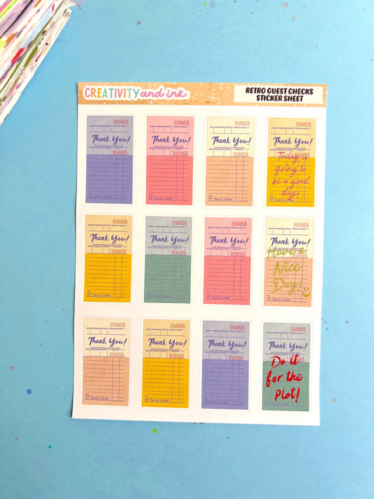 Sheet of colorful stickers with text on a blue background