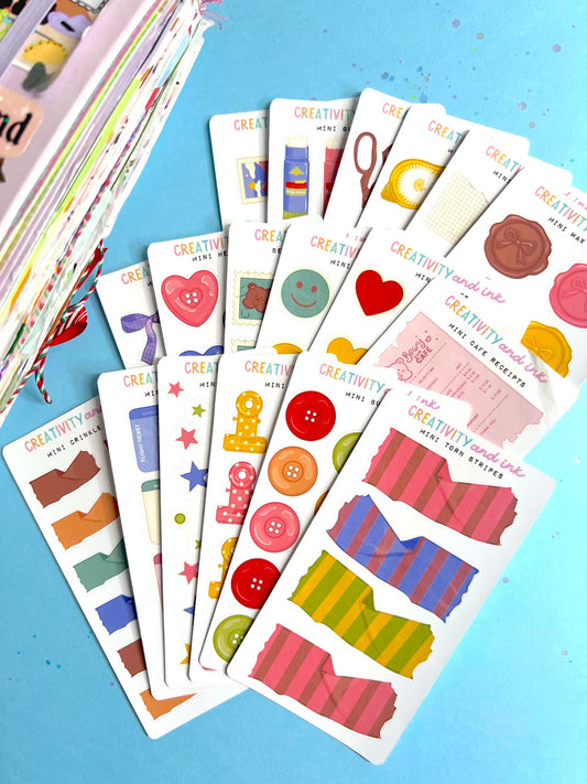 Set of colorful sticker sheets on a blue background