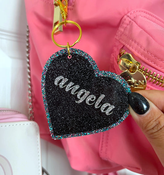 Personalized GLITTER Black Heart Acrylic Keychain